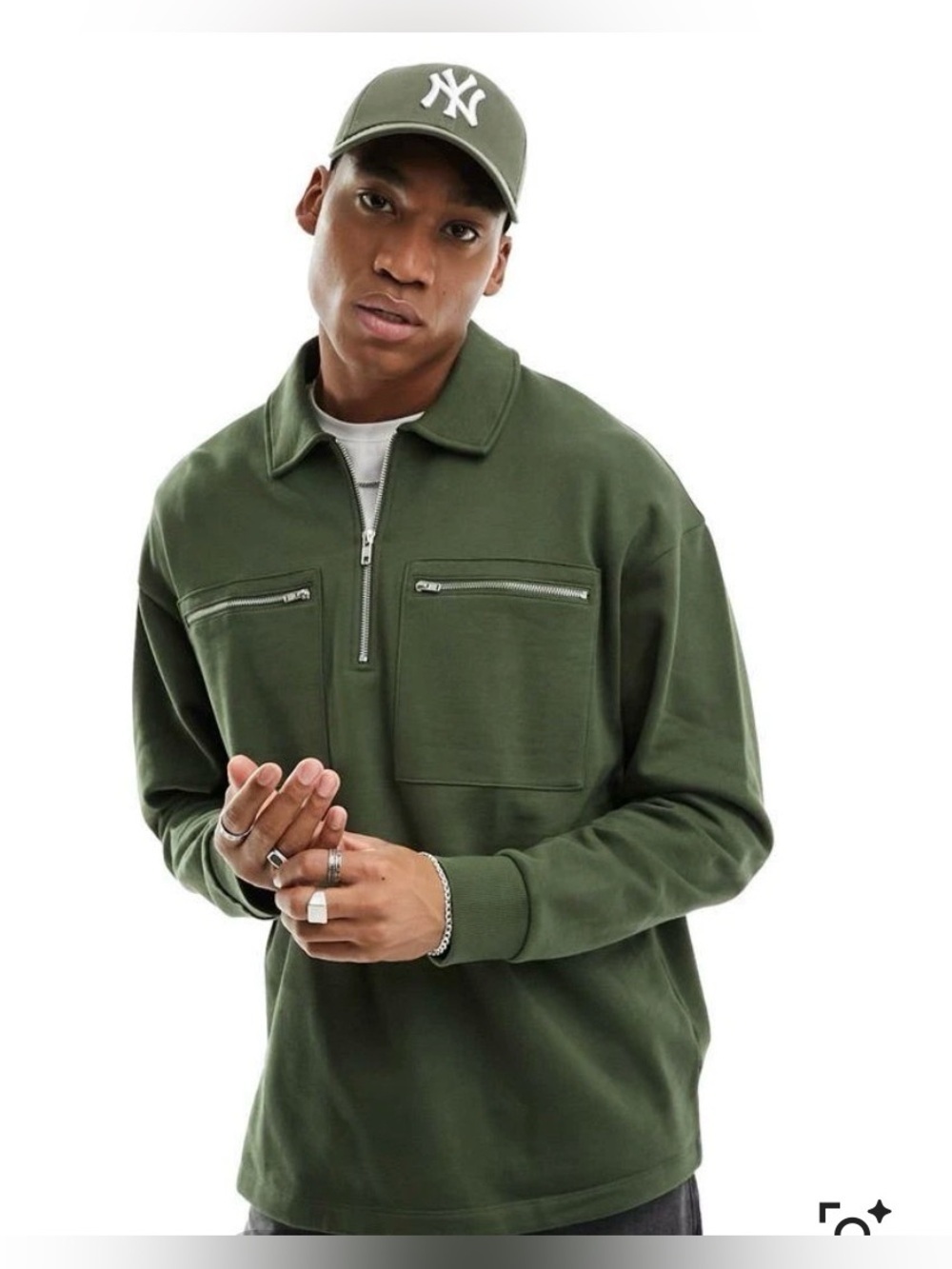 ASOS DESIGN oversized half zip sweatshirt with pockets in dark green M